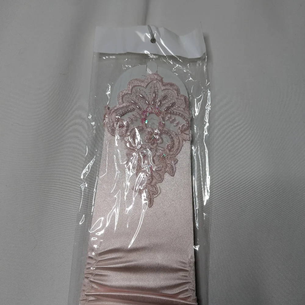 New Womens Light Pale Pink Satin Beaded Embroidered Fingerless Gloves One Size
